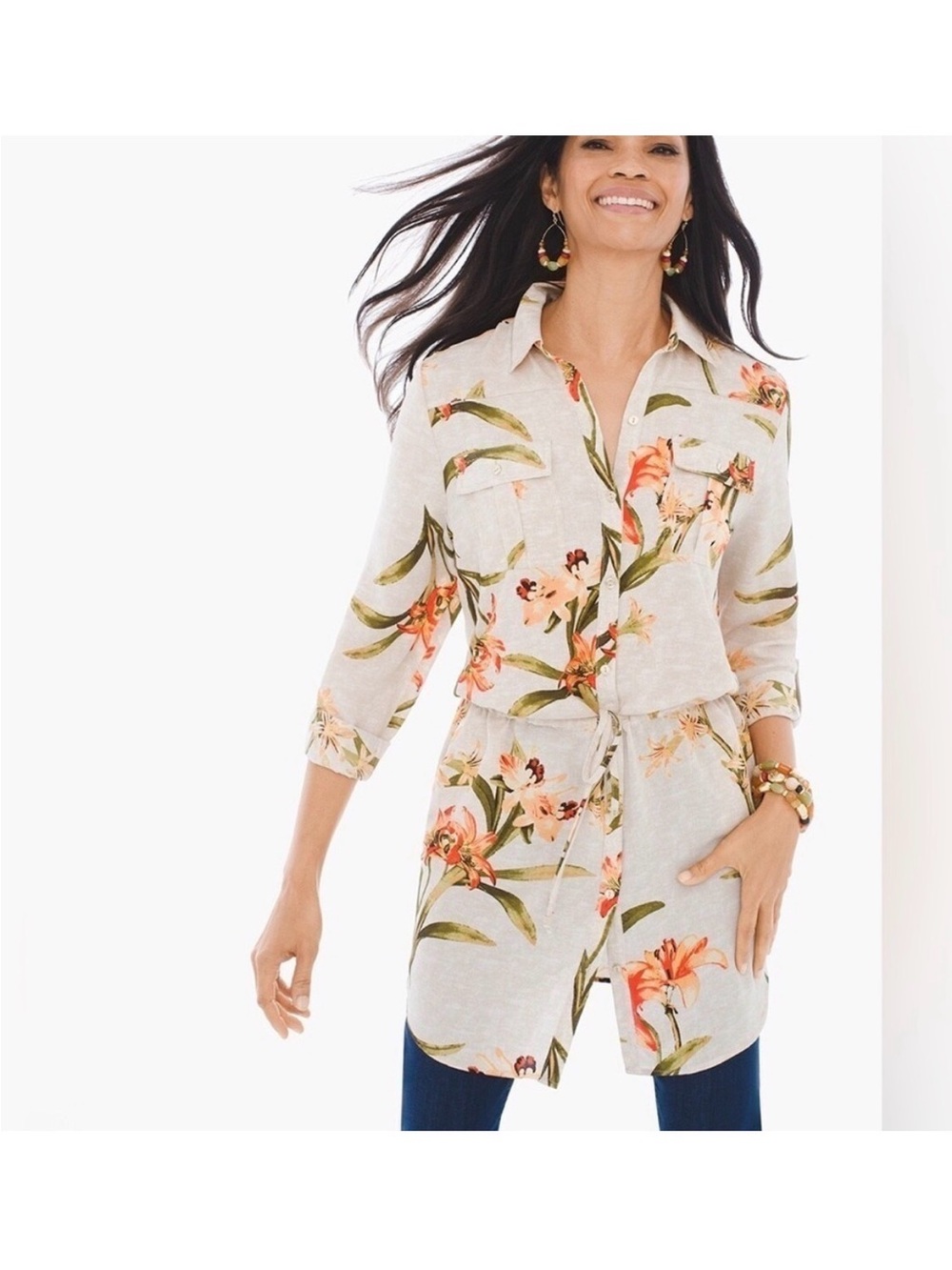 Chico's Cream Floral Button-Front Tie-Waist Tunic Top